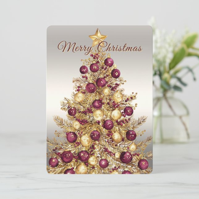 Cartão De Festividades Gold Burgundy Christmas Tree Holiday Card (Em pé/Frente)