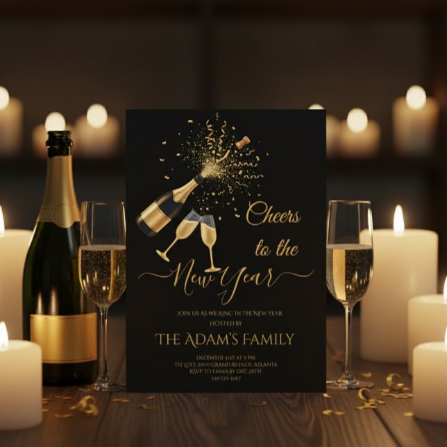 Cartão De Festividades  Gold Champagne Cheers New Year Party Invitation (Criador carregado)
