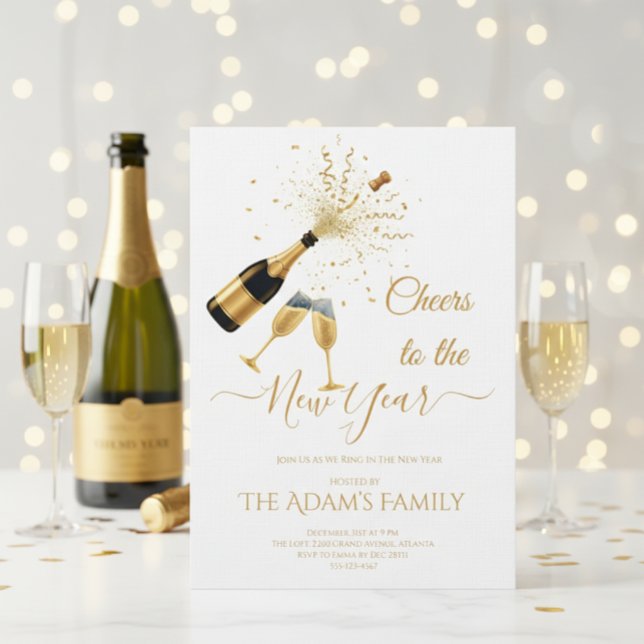 Cartão De Festividades  Gold Champagne Cheers New Year Party Invitation (Criador carregado)