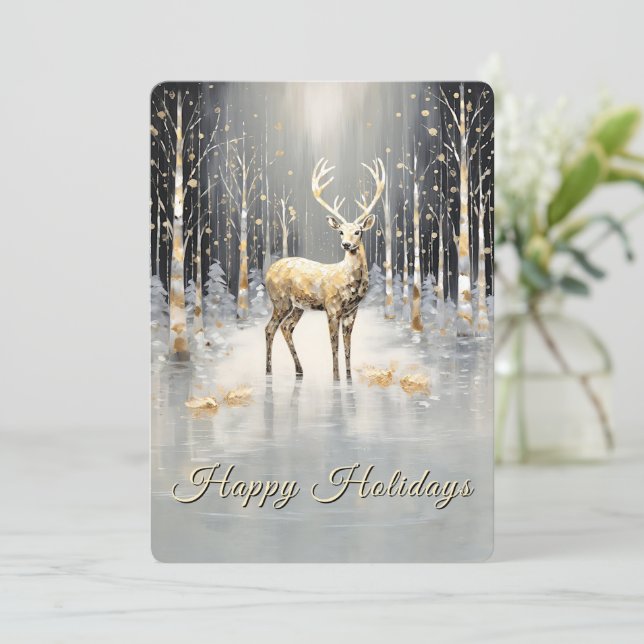 Cartão De Festividades Gold Christmas Reindeer Holiday Card (Em pé/Frente)