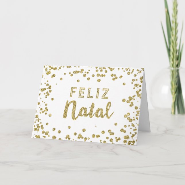 Cartão De Festividades Gold Confetti Portuguese Christmas Card (Frente)
