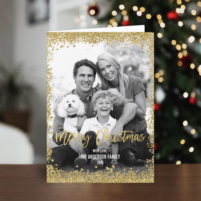 Cartão De Festividades Gold Faux Glitter Border Christmas Photo Folded (Criador carregado)