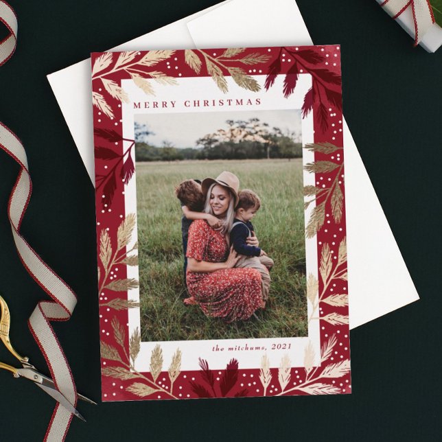 Cartão De Festividades Gold Foil Branches 3 Foto Natal (Elegant gold branch frame 3 photo christmas holiday card.)