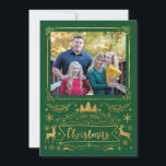 Cartão De Festividades Gold Foil Collage no Natal Verde<br><div class="desc">Uma colagem de formas festivas e texto que diz "Um Natal Muito Feliz" em um falso efeito de folha de ouro sobre um fundo verde. As aberturas de uma foto estão inclusas na frente e no verso. Adicione seu nome de família e o ano para personalizar este cartão de feriado...</div>