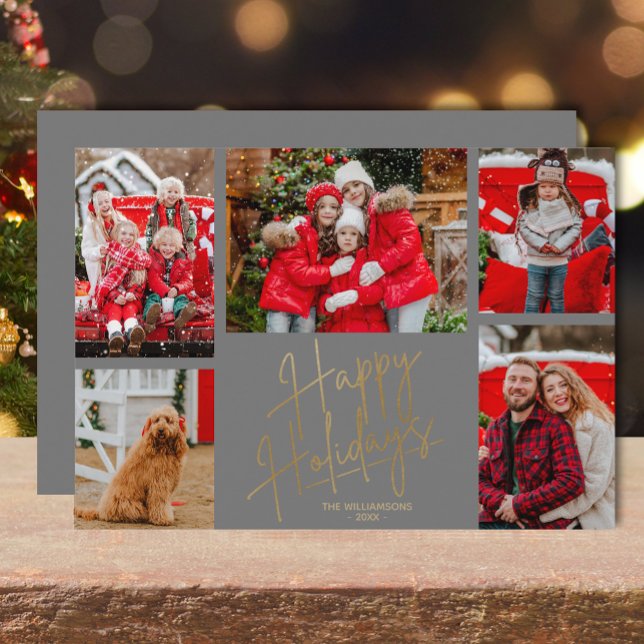 Cartão De Festividades Gold Happy Holidays Five Photos Grey (Gold script Happy Holidays five photos silver grey flat holiday greeting cards)