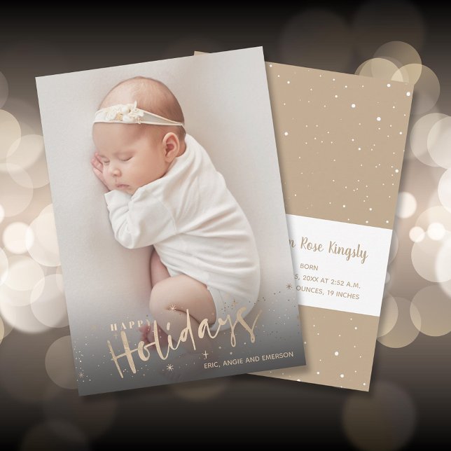 Cartão De Festividades Gold Happy Holidays Photo Birth Announcements (Criador carregado)