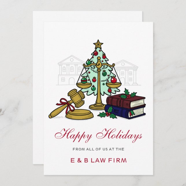 Cartão De Festividades Gold Justice Scale Holly Wreath Law Firm Christmas (Frente/Verso)