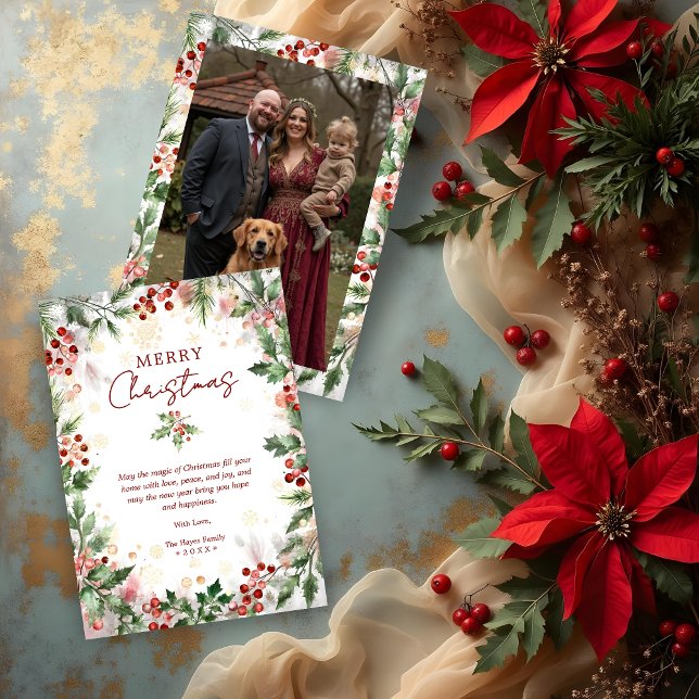 Cartão De Festividades Gold Luxurious Classy Christmas Holly Branches (Faux Gold Luxurious Classy Christmas Holly Branches Frame with Photo Back Holiday Cards.)