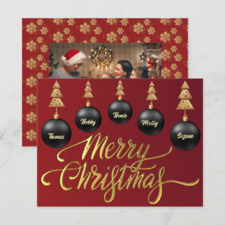 Cartão De Festividades Gold Merry Christmas Black Ornaments family Photo
