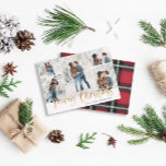 Cartão De Festividades Gold Merry Christmas Photo Card Five Pictures<br><div class="desc">Gold effect stylish script merry christmas with coordinating red and green check tartan backer design. Space for a a five photo collage design.</div>