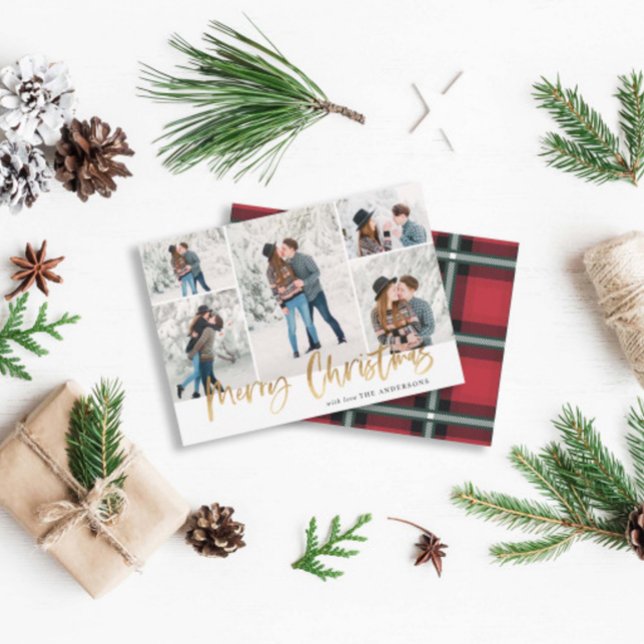 Cartão De Festividades Gold Merry Christmas Photo Card Five Pictures (Criador carregado)