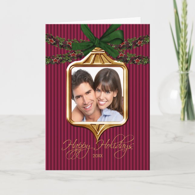 Cartão De Festividades Gold Ornament Frame Photo Christmas Card (Frente)