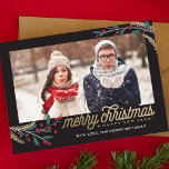 Cartão De Festividades Gold Red Berries Photo Frame | Merry Christmas<br><div class="desc">This whimsical and festive holiday Christmas card features a photo frame,  winterberries and says Merry Christmas and Happy New Year!</div>