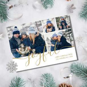 Cartão De Festividades Gold Script Joyful 4 Photo Christmas Holiday Card