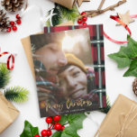 Cartão De Festividades Gold script merry christmas red tartan photo<br><div class="desc">Gold effect stylish script merry christmas with coordinating red and green check tartan backer design. Space for a single photo design. A modern take on a traditional christmas.</div>