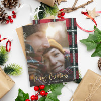 Gold script merry christmas red tartan photo