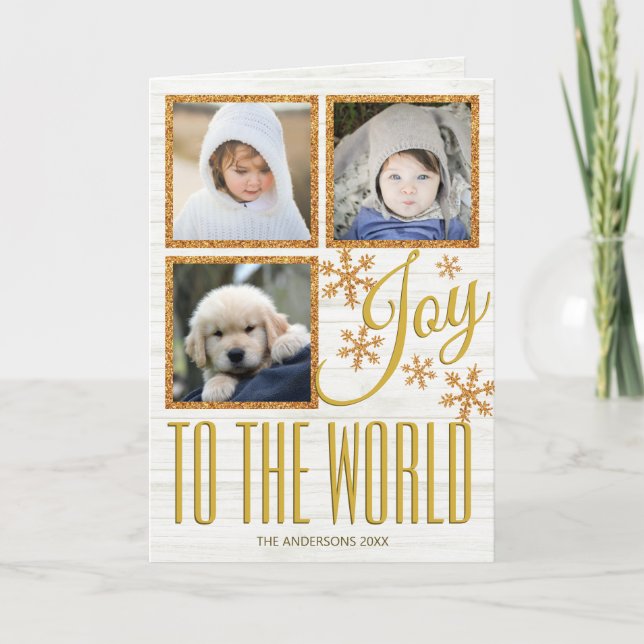 Cartão De Festividades Gold Snowflake Joy To The World 3 Photo (Frente)