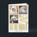 Cartão De Festividades Gold Snowflake Joy To The World 3 Photo<br><div class="desc">Create your own personalized holiday cards with this gold snowflake Joy To The World 3 photo collage template design. Add 3 of your favorite photos into the design where they are surrounded by a faux gold glitter border. JOY in a stylized yellow gold tone script font is surrounded by five...</div>