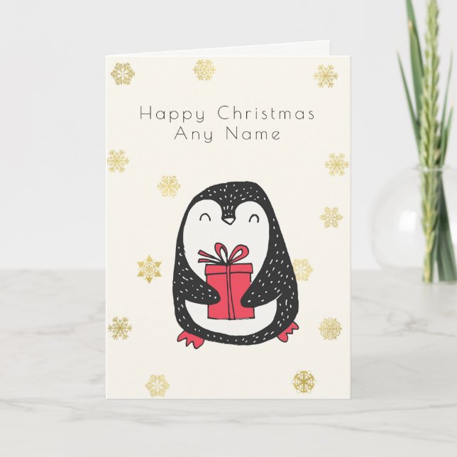 Cartão De Festividades Gold Snowflake Penguin Personalised Christmas Card (Frente)