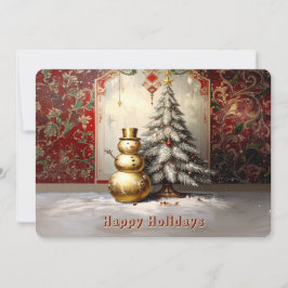 Cartão De Festividades Gold Snowman Christmas Tree Holiday Card