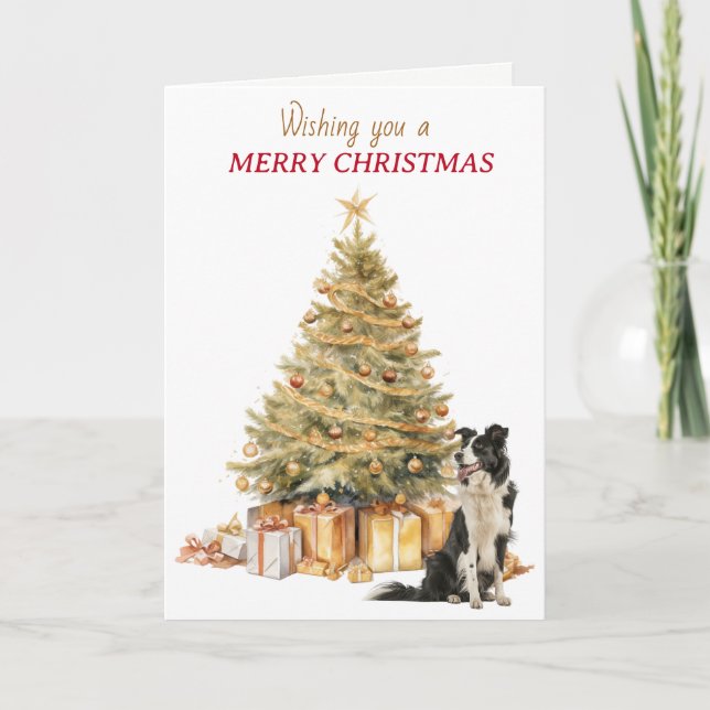 Cartão De Festividades Gold Tree Border Collie Christmas Card (Frente)