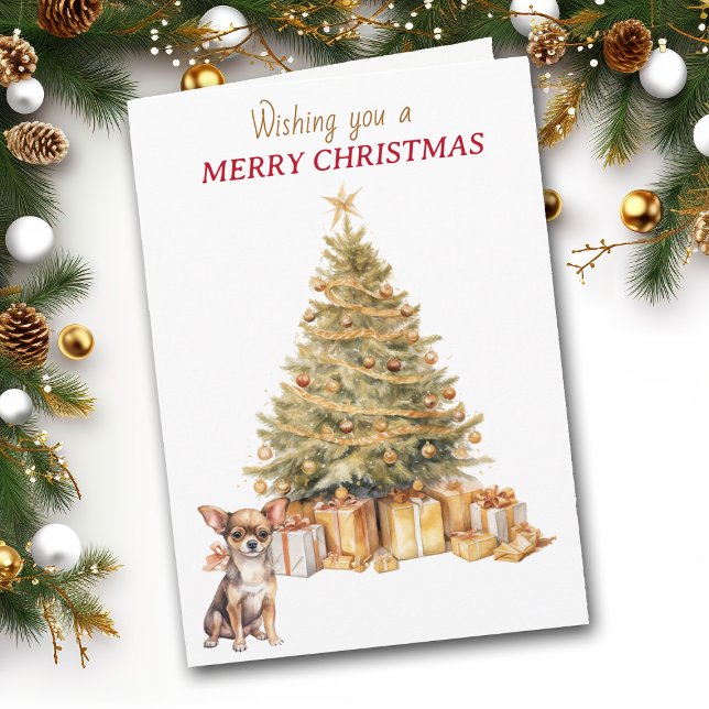 Cartão De Festividades Gold Tree Chihuahua Puppy Dog Christmas Card (Criador carregado)