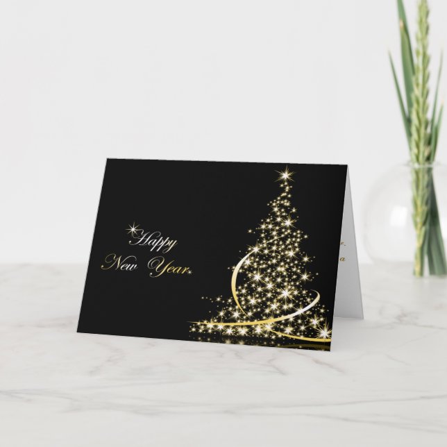 Cartão De Festividades Golden Christmas Tree and New Year Greeting Card (Frente)