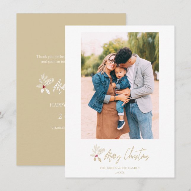 Cartão De Festividades Golden Classic Merry Christmas Custom Photo (Frente/Verso)