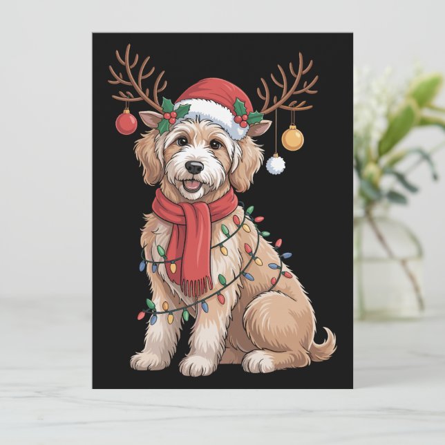 Cartão De Festividades Golden Doodle Gorgeous Reindeer Christmas Tree  (Em pé/Frente)