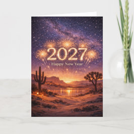 Cartão De Festividades Golden Fireworks 2027 Desert Night Sky Celebration