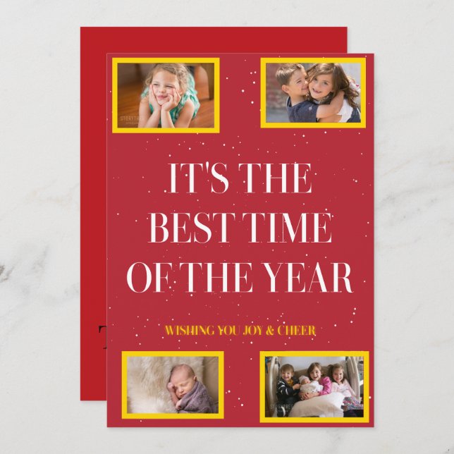 Cartão De Festividades Golden Frame Snowy Red Christmas Cheer (Frente/Verso)