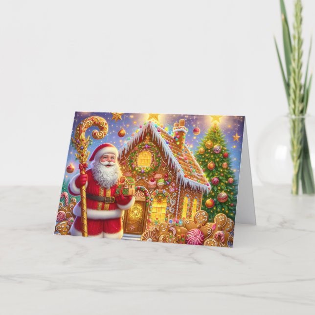 Cartão De Festividades Golden Gingerbread House with Santa Christmas (Frente)