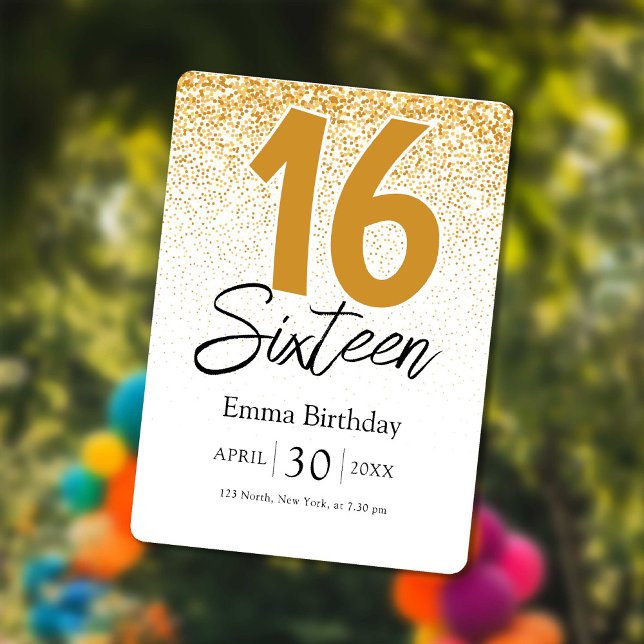 Cartão De Festividades golden glitter sweet 16 birthday invitations card (golden glitter sweet 16 birthday invitations card)