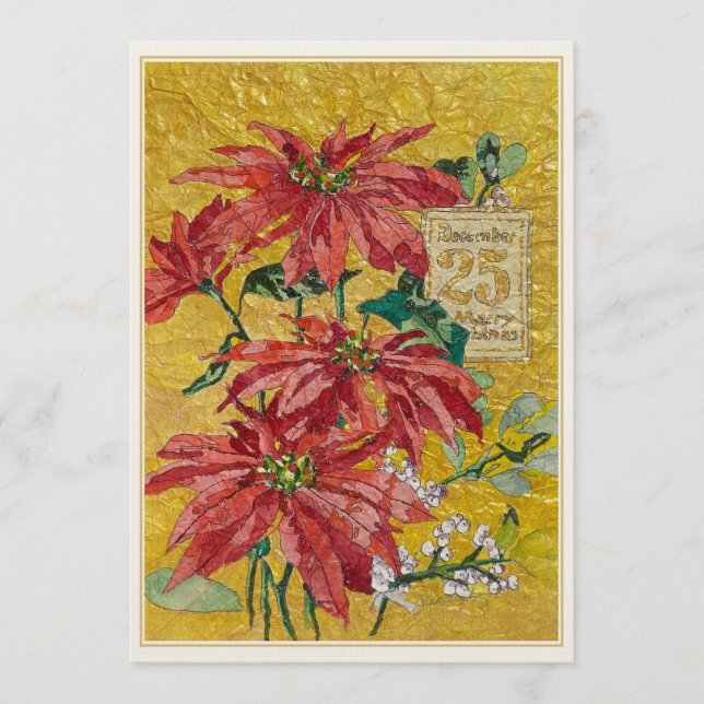 Cartão De Festividades Golden Poinsettia | Blank Fine Art Christmas (Frente)