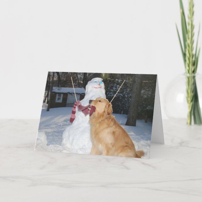 Cartão De Festividades Golden Retriever Construindo Boneco de Neve para a (Frente)