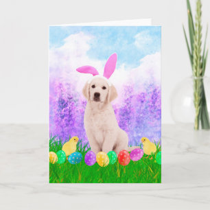 Cartão De Festividades Golden Retriever Dog with Easter Eggs Bunny Chicks
