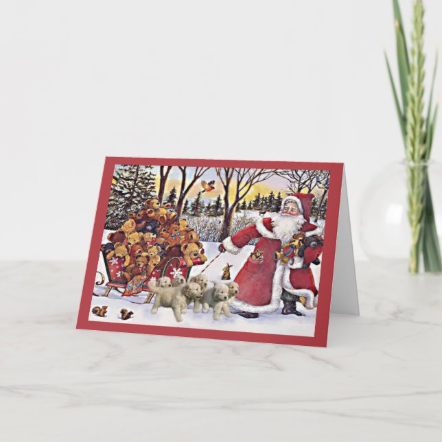 Cartão De Festividades Golden Retriever Puppies Christmas Card SantaBears (Frente)