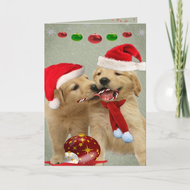 Cartão De Festividades Golden Retriever Puppies Share Candy Cane Cards (Frente)