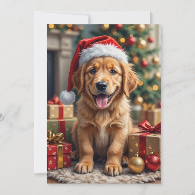 Cartão De Festividades Golden Retriever Puppy's First Christmas Festive (Frente)