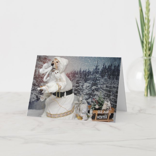 Cartão De Festividades Golden Retriever Velho Homem Inverno Terra de Enca (Frente)