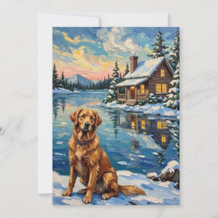 Cartão De Festividades Golden Retriever Vintage à Beira do Lago no Natal