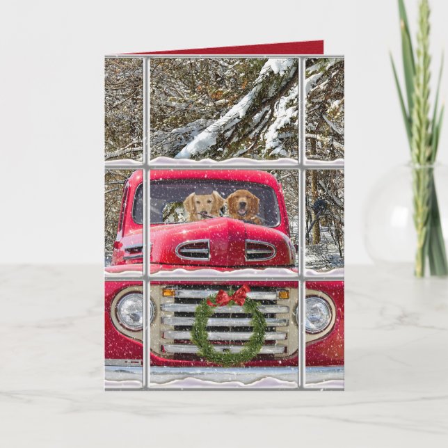 Cartão De Festividades Golden Retrievers in retro truck snowy window (Frente)
