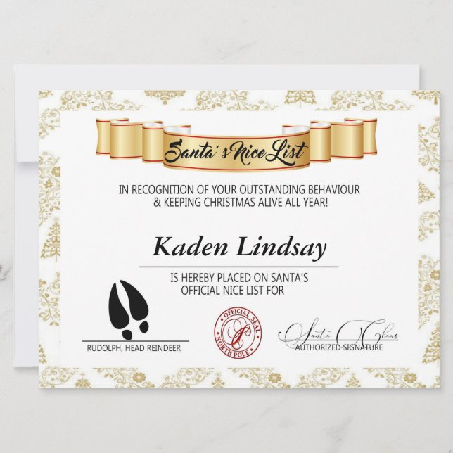 Cartão De Festividades Golden Santa's Nice List (Frente)