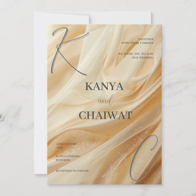 Cartão De Festividades Golden Satin Luxe Wedding Invitation | Sparkle Cre (Frente)