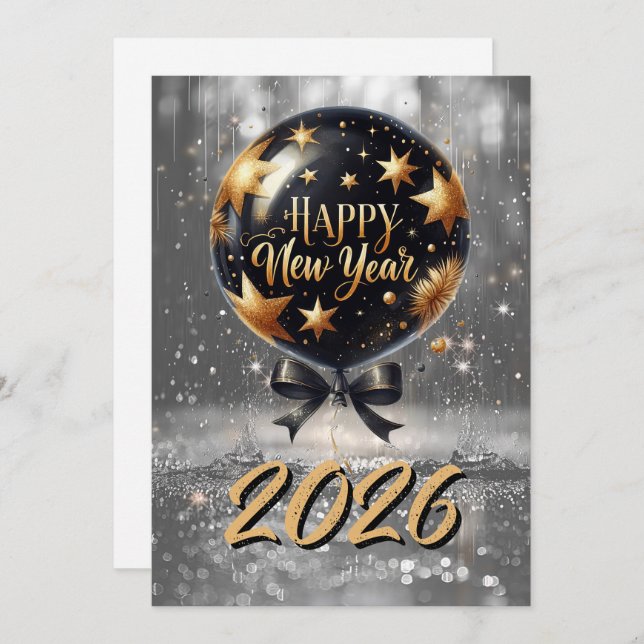 Cartão De Festividades Golden Sparkle New Year Balloon with 2026 Glow (Frente/Verso)