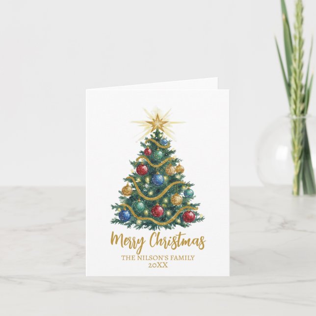Cartão De Festividades Golden Star watercolor Christmas Tree Card (Frente)