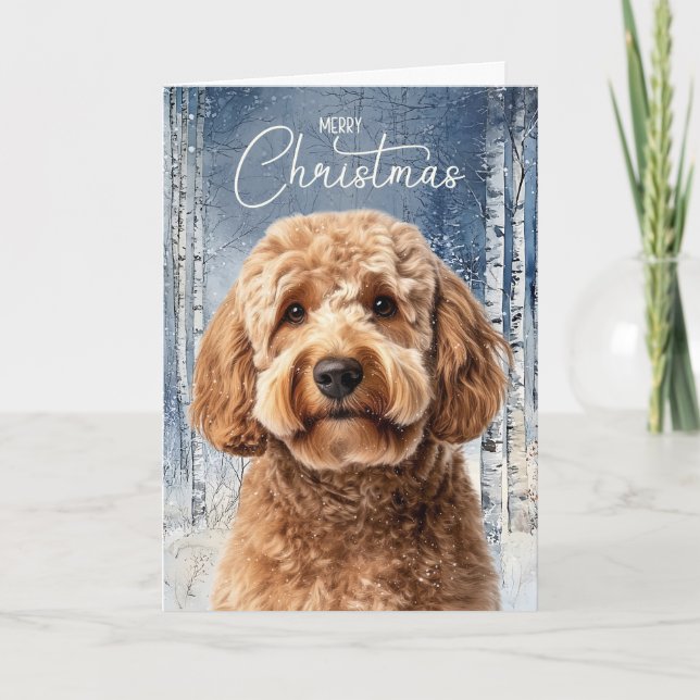 Cartão De Festividades Goldendoodle Dog Snowy Winter Forest Christmas (Frente)