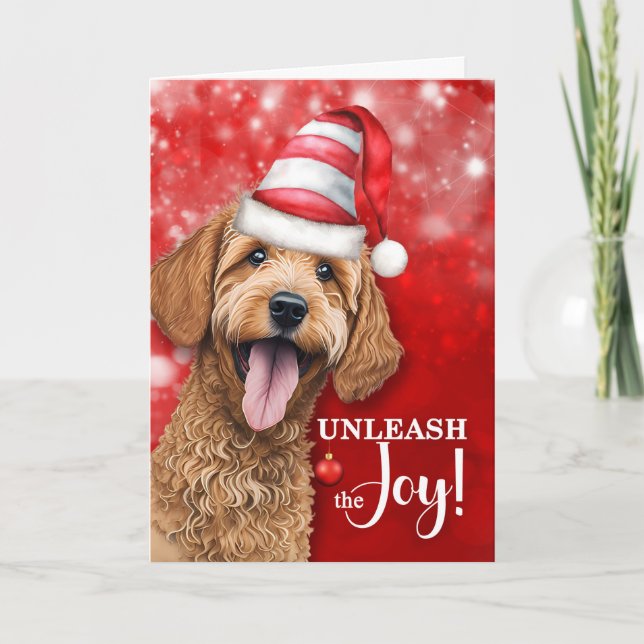 Cartão De Festividades Goldendoodle Libere o Natal da Alegria (Frente)