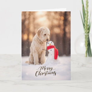 Cartão De Festividades Goldendoodle Papai Noel Boneco de Neve