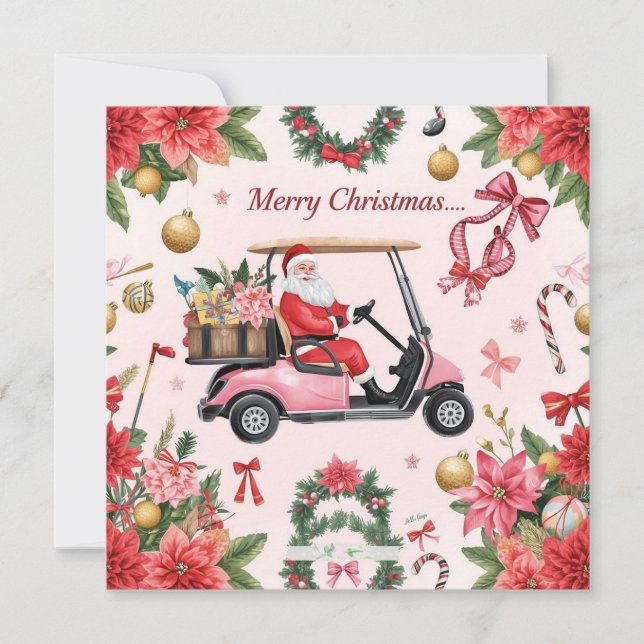 Cartão De Festividades Golf Christmas themed Santa drive Pink golf cart (Frente)